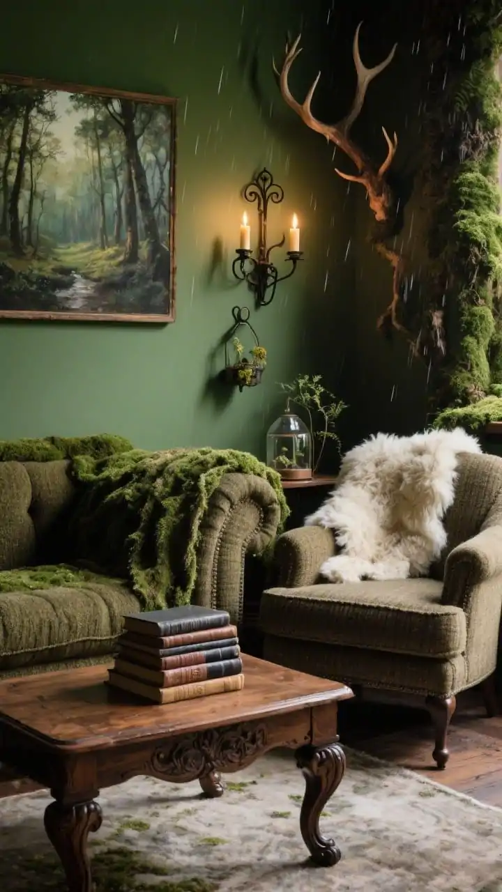 Detail closeup on textures and mood: A woodland storybook nook vignette against mossy green walls showing a deep-cushioned tweed sofa edged by a sheepskin drape over an armchair corner. In front, a carved walnut coffee table with cabriole legs supports a stack of leather-bound books. Above, part of a forest-scape oil painting and wrought-iron sconce glow with beeswax candles. Accents include antler-style hooks and a tiny botanical terrarium. Low, rainy-day ambient light with warm lamplight highlights rich textures. Palette: moss, walnut, charcoal, cream. Photorealistic, no people.