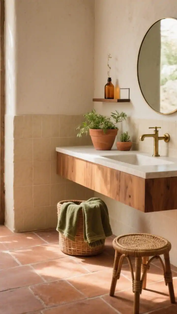 Detail closeup, photorealistic: A warm, earthy vignette of large-format terra-cotta floor tiles meeting creamy plaster-look porcelain wall tiles, showing the sleek, modern scale. In frame: the corner of a warm wood vanity with aged brass taps, a round frameless mirror edge reflecting light, terracotta pots with greenery, olive-toned towels draped on a rattan stool, and a slim wall shelf with amber bottles. Soft sun-drenched illumination, tactile textures, no people.