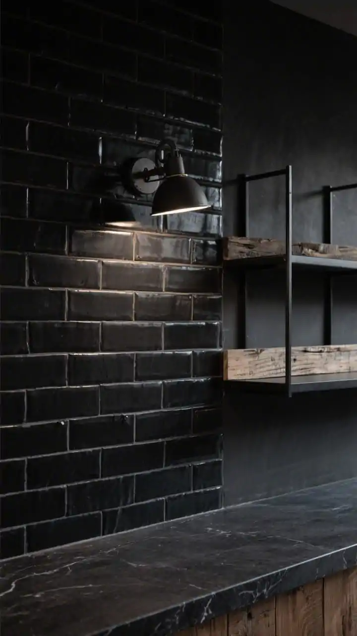 Detail closeup, raking side angle: A moody wall of matte black elongated brick tiles stacked in a precise line with gunmetal grout, showing subtle texture and shadow. The edge reveals honed black soapstone counters below. A portion of exposed black steel shelving with reclaimed wood planks enters the frame, styled minimally. A pivoting industrial sconce casts directional light, enhancing the architectural, industrial mood. Photorealistic, low-key lighting for depth.