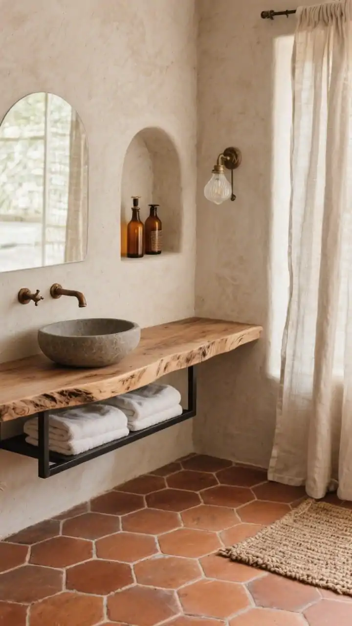 Detail closeup, rustic modern nook materials vignette: terracotta hex floor tiles with warm clay variation meeting a soft textured plaster wall; live-edge wood slab vanity surface supporting a matte stone bowl sink; slim black iron frame below with neatly folded towels; curved arched shower niche lined in plaster holding amber bottles; oil-rubbed bronze faucet and handles with rich patina; edge of a linen café curtain filtering sunlight; a small woven rug corner and vintage-style milk-glass sconce glow cozy, tactile, timeless, photorealistic texture emphasis.