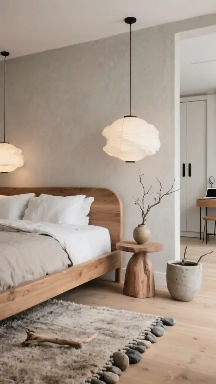 Detail closeup, slightly overhead: Japandi-Scandinavian textures and tones on greige plaster walls and limed wood floors. Focus on a brushed oak bed with rounded corners, flanked by tall paper lantern pendants emitting a cloud-like glow. Foreground shows a nubby wool rug edge, pebble-shaped side table with a single ceramic vessel and a branch cutting, stoneware planter nearby. Hints of a structured linen wardrobe with black pulls (his) and a slender makeup console/laptop perch (hers) blurred in background. Palette of clay, putty, driftwood with inky accents. Calm, airy, intentionally simple, photorealistic.
