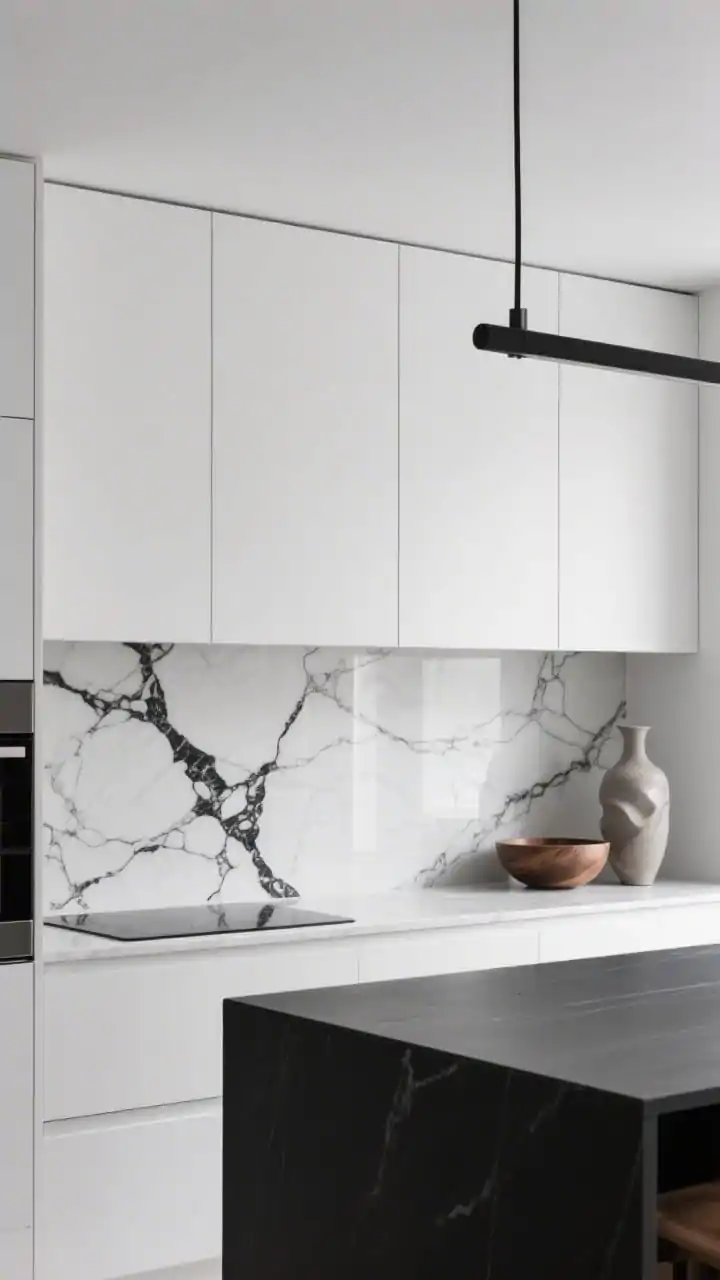 Detail closeup, straight-on slice: A seamless white quartz (or porcelain) slab backsplash with dramatic ink-black, bookmatched veining running vertically to the upper cabinets no grout lines. Adjacent handleless matte white cabinets with a precise shadow-line reveal meet a matte black island countertop in the foreground. A thin black linear pendant hovers above, and minimalist styling includes one sculptural vase and one wood bowl. Photorealistic, crisp modern lighting with subtle reflections.