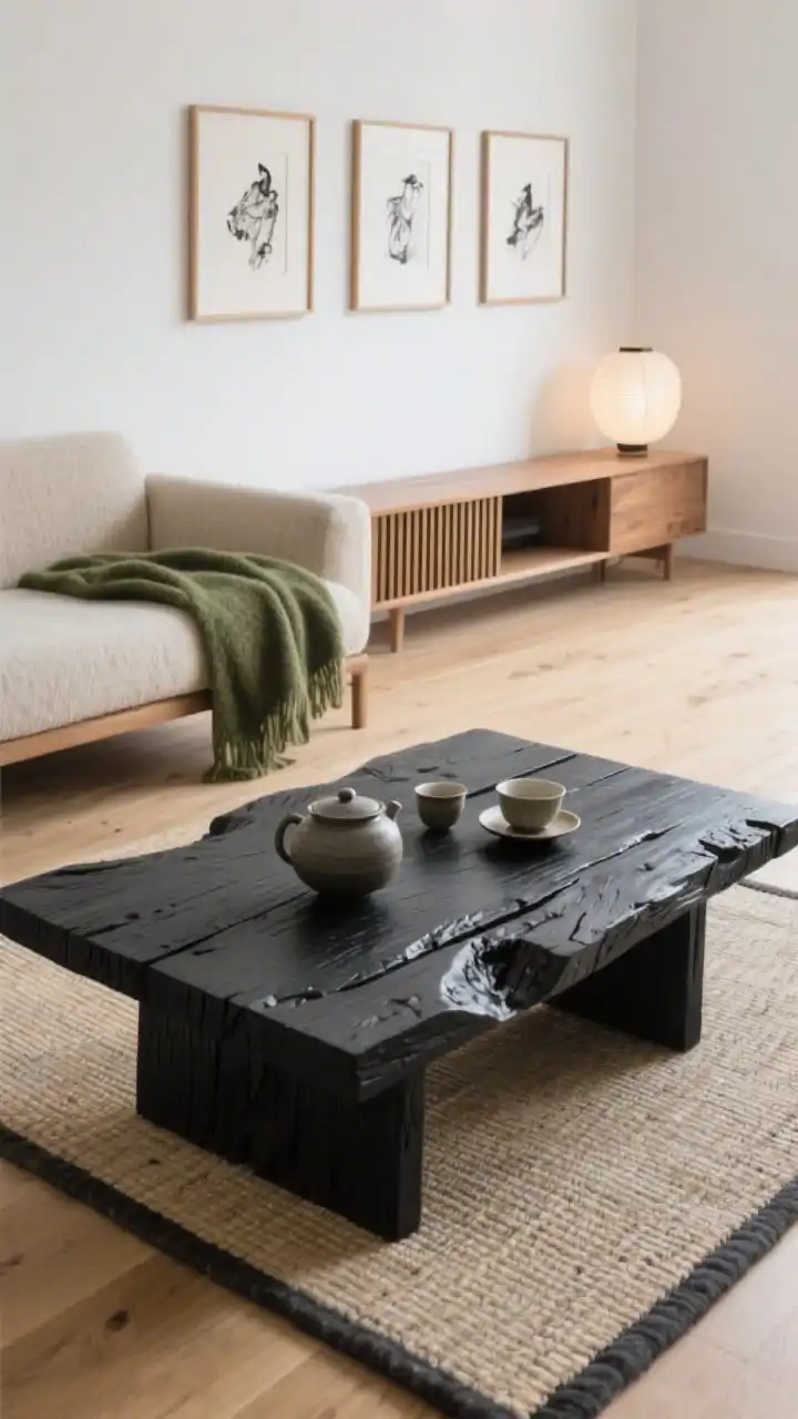 Detail closeup, table-level perspective: “Japandi Calm with a Black Ink Punch.” Focus on a shou sugi ban–style blackened wood coffee table resting on a tatami-inspired woven rug, with a ceramic tea set arranged minimally. Background hints of warm white walls, blond oak floors, and the edge of a sleek bench-seat sofa in textured oat. Subtle moss green wool throw draped nearby. A slatted wood media console and paper lantern glow softly in the distance. Minimal gallery wall of three asymmetrically hung ink drawings in thin maple frames partially visible. Crisp, soothing natural light; photorealistic, no people.