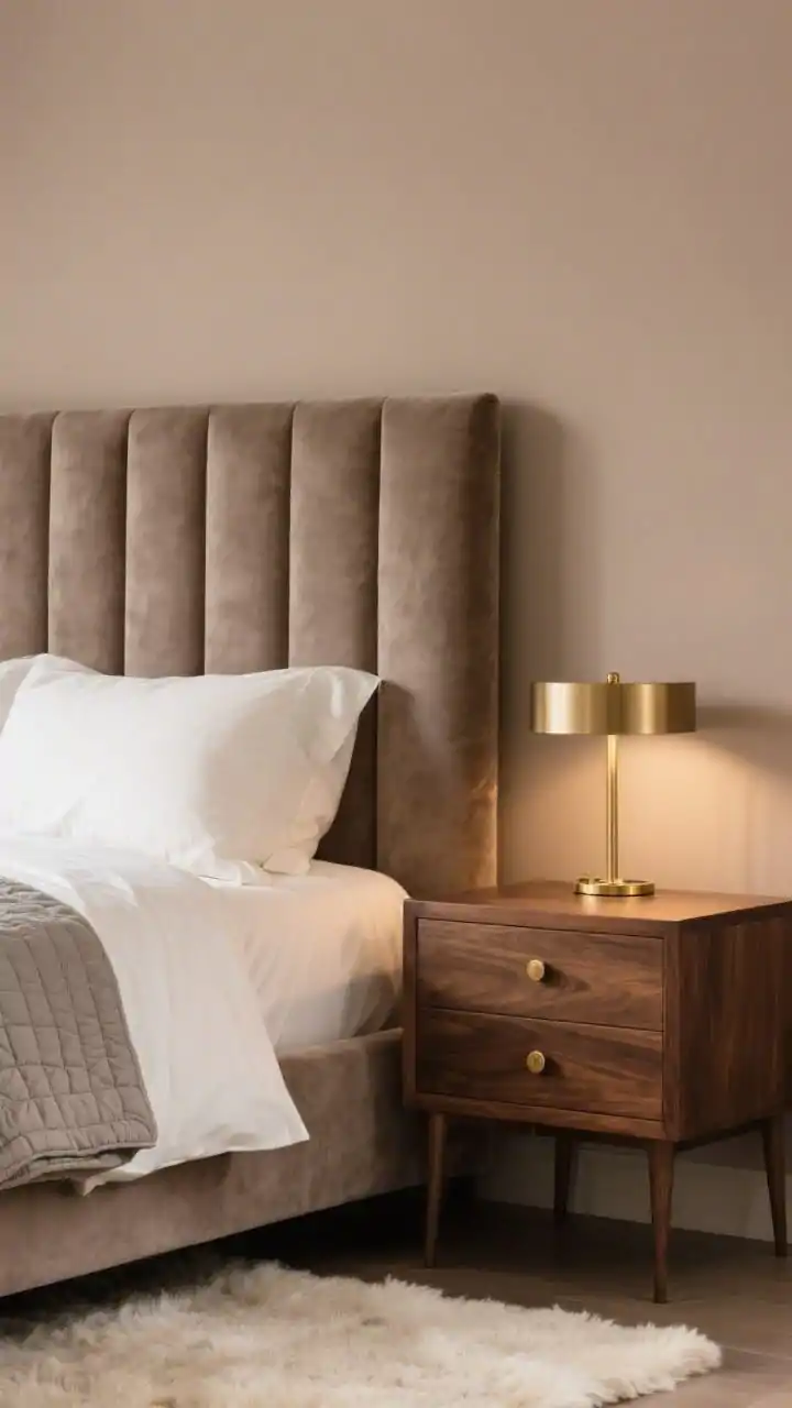 Detail closeup, Warm Minimal Luxe: focus on tone-on-tone taupe textures mushroom-colored wall meeting a channel-tufted velvet headboard in the same tone; edge of a walnut nightstand with brushed brass lamp base and brass hardware; foreground hints of cream wool rug pile, sateen sheets’ subtle sheen, and a folded stone-colored quilt; soft, warm ambient lighting reflecting a quiet glamour; palette of mushroom, cream, walnut, brass; photorealistic.