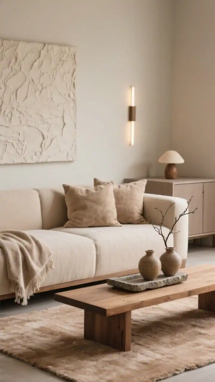 Detail closeup, Warm Minimalist: A tight, textural shot of a boxy beige sofa with clean lines and no skirt, layered with nubby pillows and a suede or microfleece throw; in front, a low oak bench used as a coffee table holding a stone tray with two hand-thrown vases and a single branch cutting; tone-on-tone rug in almond subtly visible beneath; blurred background shows textural wall art (plaster relief or linen-wrapped frame) and the edge of a closed storage credenza; slim LED sconces and a mushroom table lamp create a soft, warm glow; palette of almond, oatmeal, taupe, soft oak; calm, curated, photorealistic.