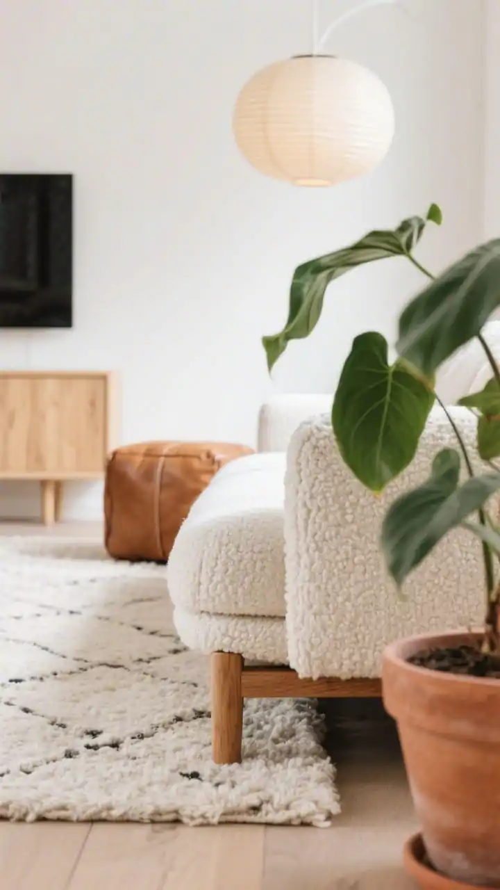 Detail closeup, Warm Scandinavian Nest: focus on the right-facing chaise edge of a textured ivory sectional with maple wood legs on a nubby off-white rug; warm white wall backdrop with a glimpse of a blonde wood media console; terracotta planter with lush green leaves partially in frame; soft diffuse daylight; a paper lantern pendant blurred in the background; a camel leather ottoman corner peeking in; textures: bouclé/wool-like weave, raw wood, terracotta, paper, leather; palette: ivory, camel, blush wood tones, leafy green; photorealistic.