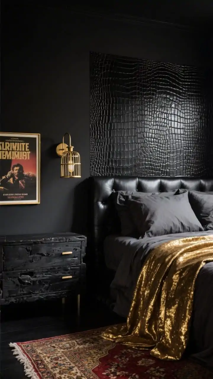 Detail closeup with attitude: flat black wall meeting a panel of black crocodile-texture wallpaper; edge of a black leather headboard, charcoal linens, and a draped gold lurex throw catching matte, warm light; matte gold cage sconce mounted on the wall; corner of a rough-hewn black wood dresser; framed concert poster in a slim gold frame; a sliver of vintage Persian rug with oxblood and gold threads underfoot; matte/brushed metals only for a non-costume feel; gritty-glam mood.