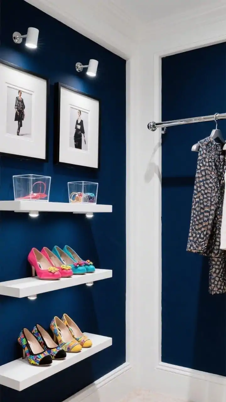 Detail gallery-style shot: High-contrast fashion gallery closet section with deep navy-painted back walls and crisp white shelves and trim. Two framed fashion photographs sit under small picture lights; adjacent shelves hold clear acrylic-front bins displaying colorful accessories. Shoes are arranged on tilted shelves with toe stops, individually spotlighted. Hardware is polished chrome bars and hooks providing a crisp edge. Include a narrow wall-mounted valet rod extended with an outfit planned. Colors: navy, white, polished chrome, glass. Photorealistic, no people.