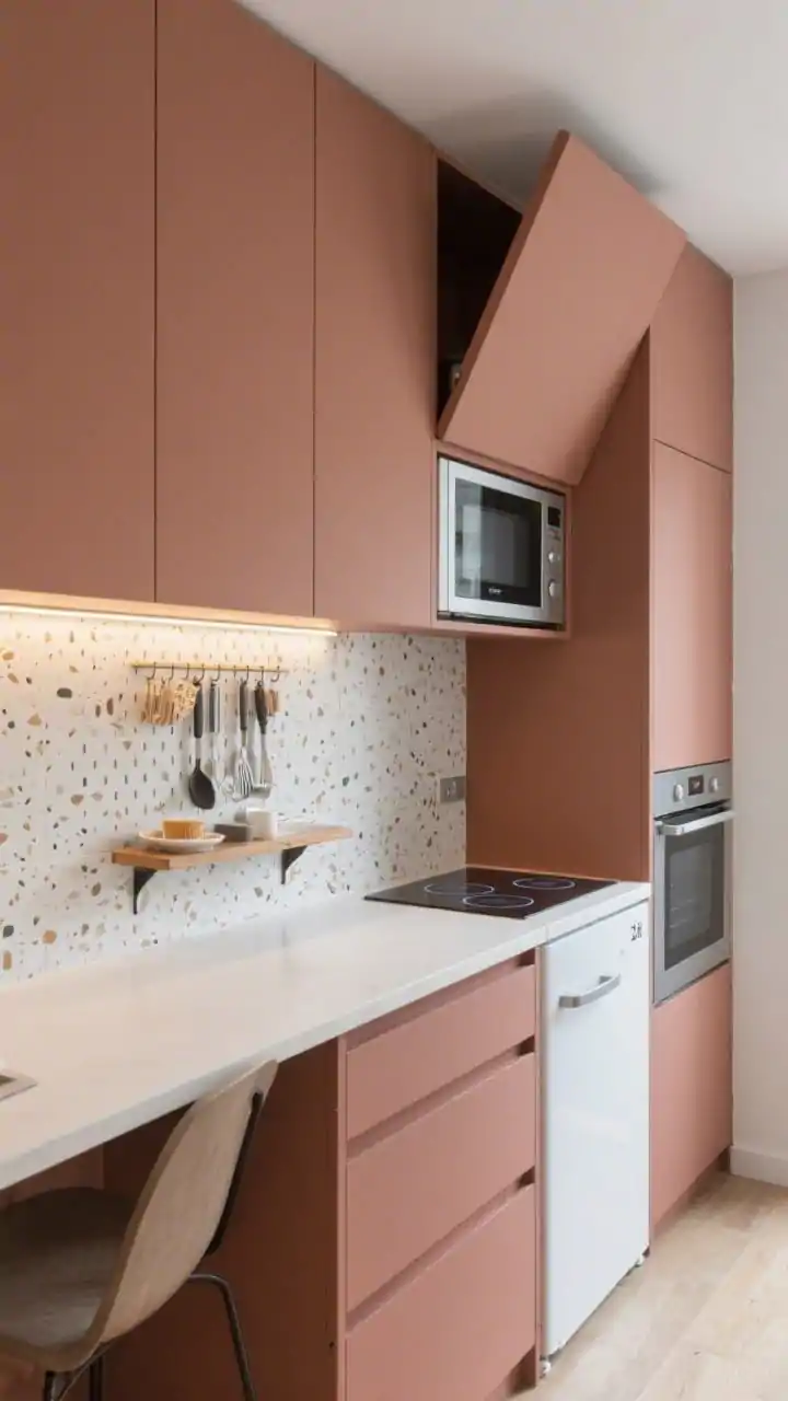 Detail/medium composite view of a compact studio one-wall kitchen: matte clay-colored cabinets along a single wall, floating white laminate counter transitioning to a small desk area at one end, slim 24-inch fridge and a two-zone induction hob, combo microwave-oven tucked into a tall unit, upper cabinets with lift-up flap doors partially open, micro terrazzo backsplash in whites and tans, continuous under-cabinet LED channel casting even task light, pegboard rail neatly holding utensils, fold-down breakfast ledge stowed against the wall; tidy, clever, contemporary, photorealistic.