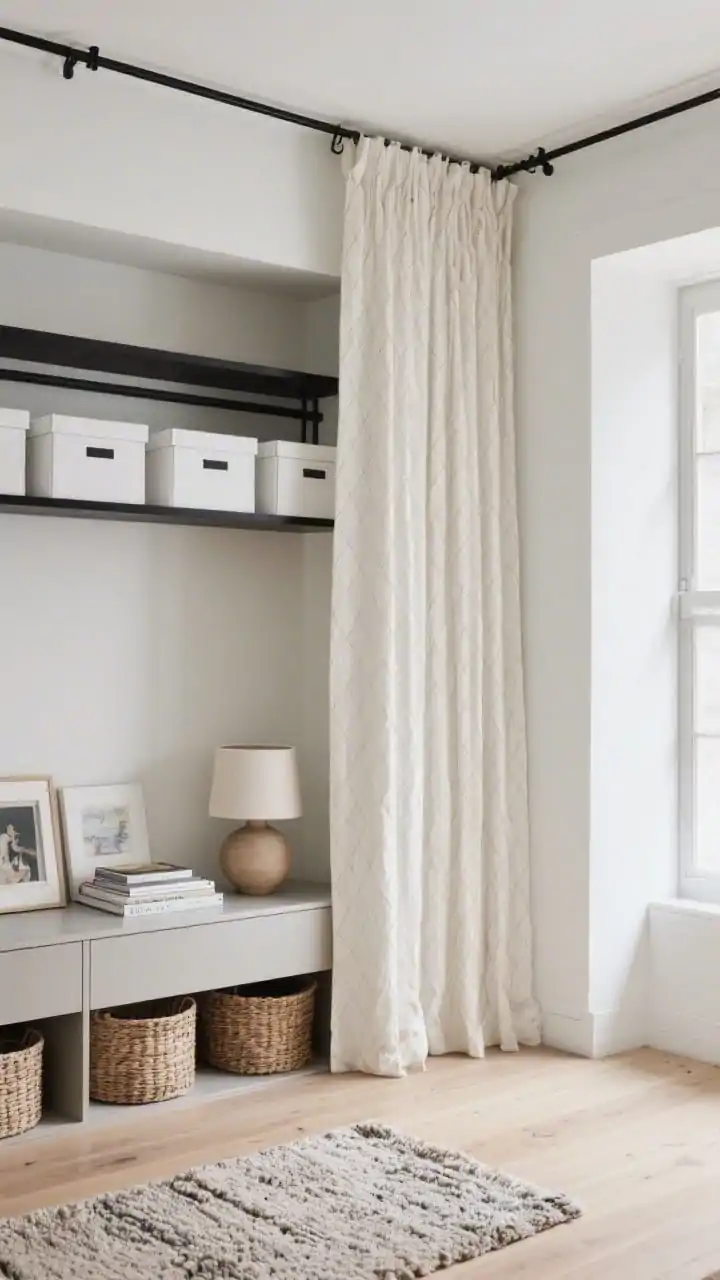Detail/medium hybrid shot focusing on a minimalist open rail concealed by a ceiling-track curtain wall: floor-length textured ivory herringbone curtain partially drawn to reveal a pared-back matte-black rail with coordinated clothing, uniform white fabric boxes labeled discreetly, and natural baskets; a low platform dresser in view displaying a few art books and a ceramic table lamp; palette of soft white, oat, and matte black; light oak flooring with a nubby wool runner; soft, gallery-like natural light with calm, clutter-free mood, photorealistic.
