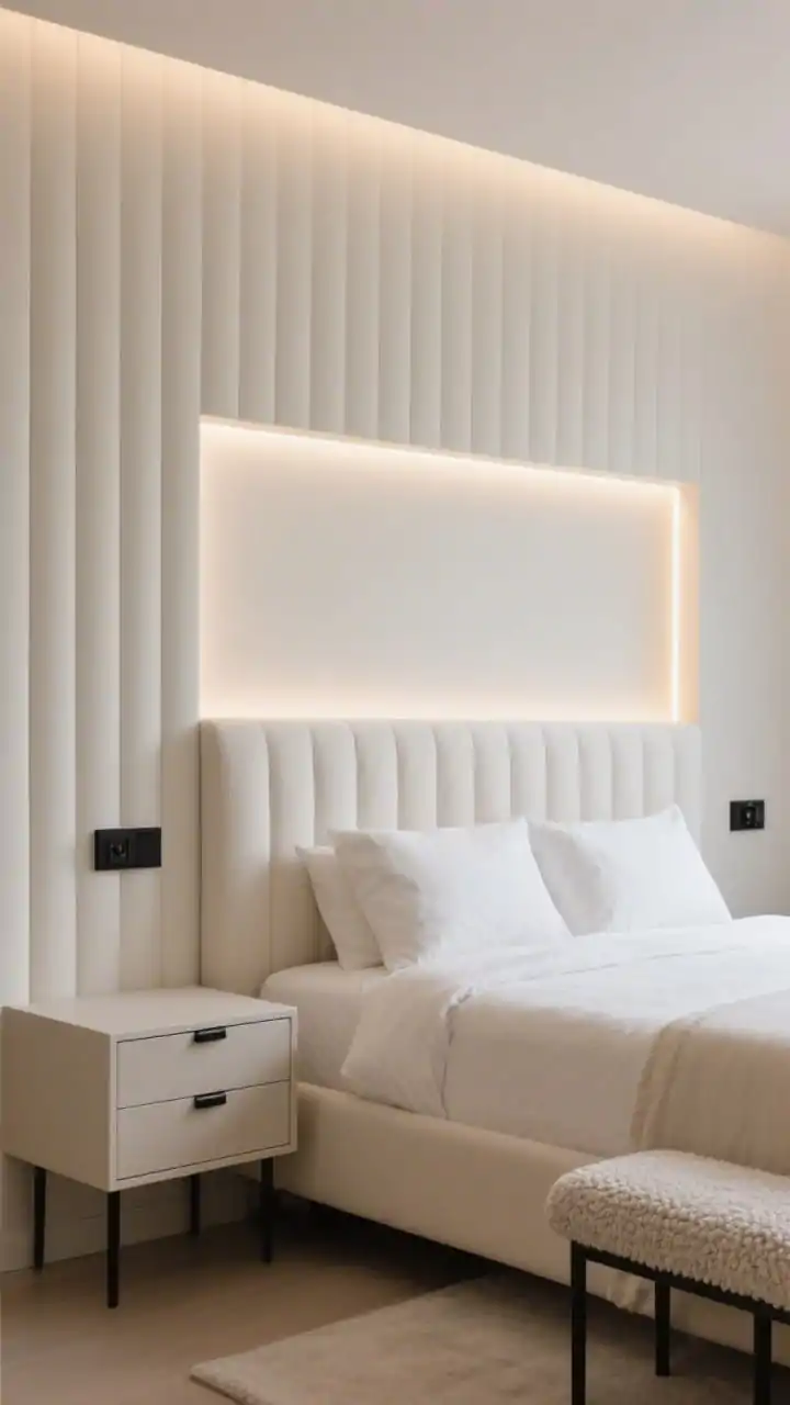 Detail/medium hybrid, straight-on focus on headboard area: a full-height fluted wall (MDF/wood) painted satin in soft putty. Centered is a recessed upholstered niche acting as the headboard, wrapped in warm white performance fabric. Integrated LED channel lights outline the niche for a halo effect. Floating nightstands with push-latch drawers in putty tones, minimal matte black hardware, and a compact boucle bench at the foot. Palette: putty, warm white, black metal. Subtle, even lighting with LEDs softly aglow.