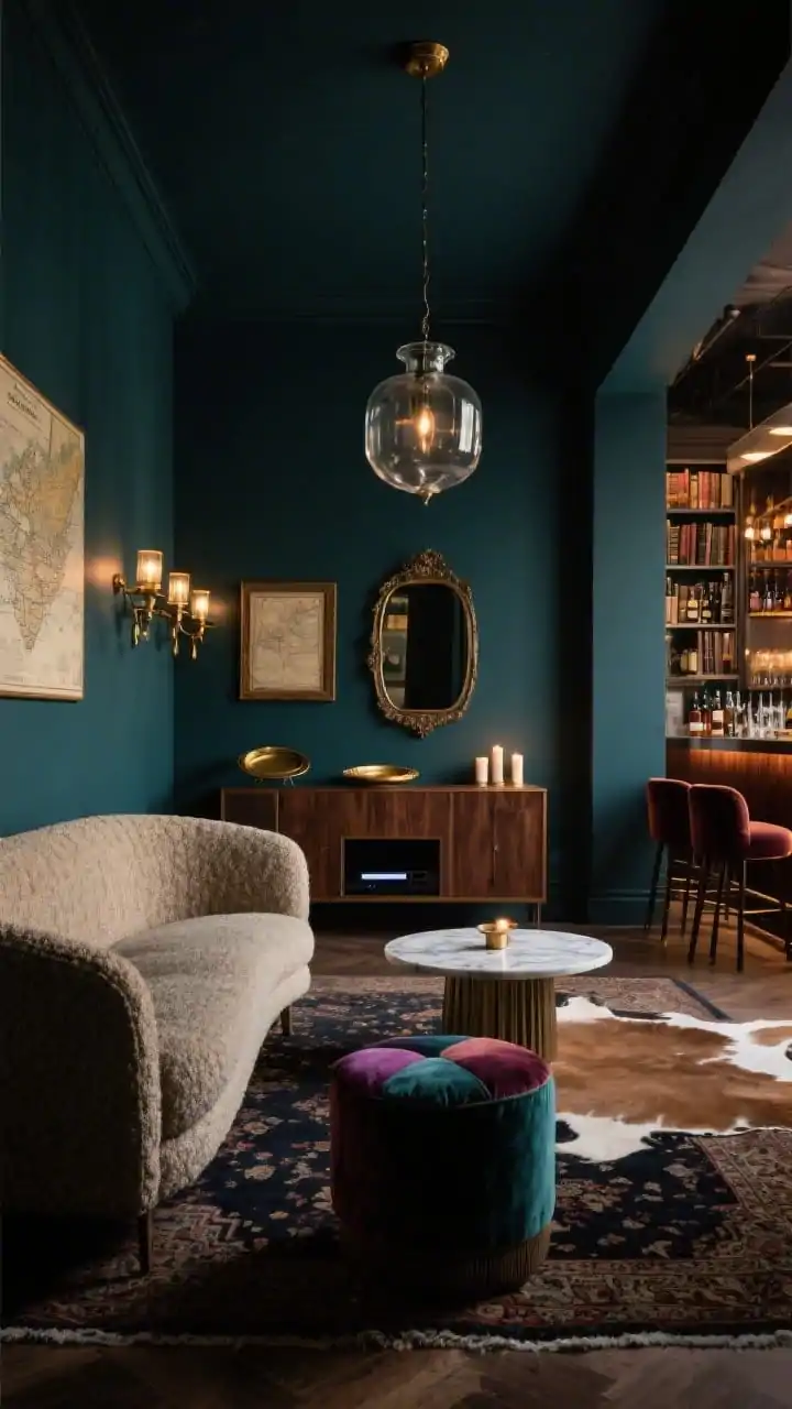 Detail-oriented medium shot from a low angle of “The Speakeasy Lane”: moody, cinematic long room with deep ink blue or charcoal green walls, aged-brass library sconces in a line down the length. Foreground: a curved bouclé sofa with two jewel-toned ottomans. Mid-ground: a dark vintage rug anchoring the space; a smoked-glass pendant overhead. Background corner shows the whiskey lounge with a slim walnut bar cabinet, velvet stools, and a small round marble bistro table on a smaller hide rug. Accents: antiqued mirror, brass trays, framed vintage maps. Lighting is layered and dimmable warm pools of light, soft reflections, and candle glow. Tech hidden in a panel-front media cabinet. Photorealistic, rich shadows, intimate atmosphere.