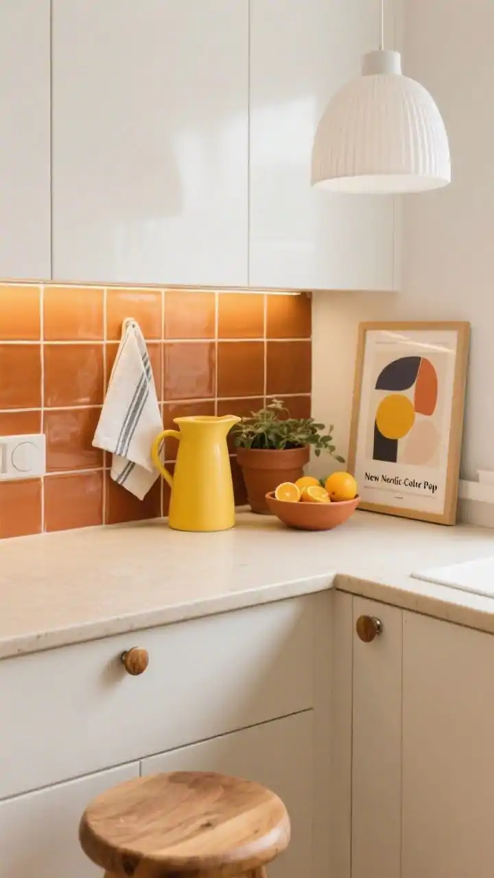 Detail overhead “New Nordic Color Pop”: composition on a putty beige counter beside white uppers and straight-laid terracotta-toned tile backsplash edge; mustard accents including a pitcher and tea towel, framed modern graphic poster corner visible; ash wood stool seat peeking in; satin nickel/wood knob detail; terracotta planter and citrus arranged in a shallow bowl; bright, sunny, cheerful mood with warm LED from a white drum pendant; no people.