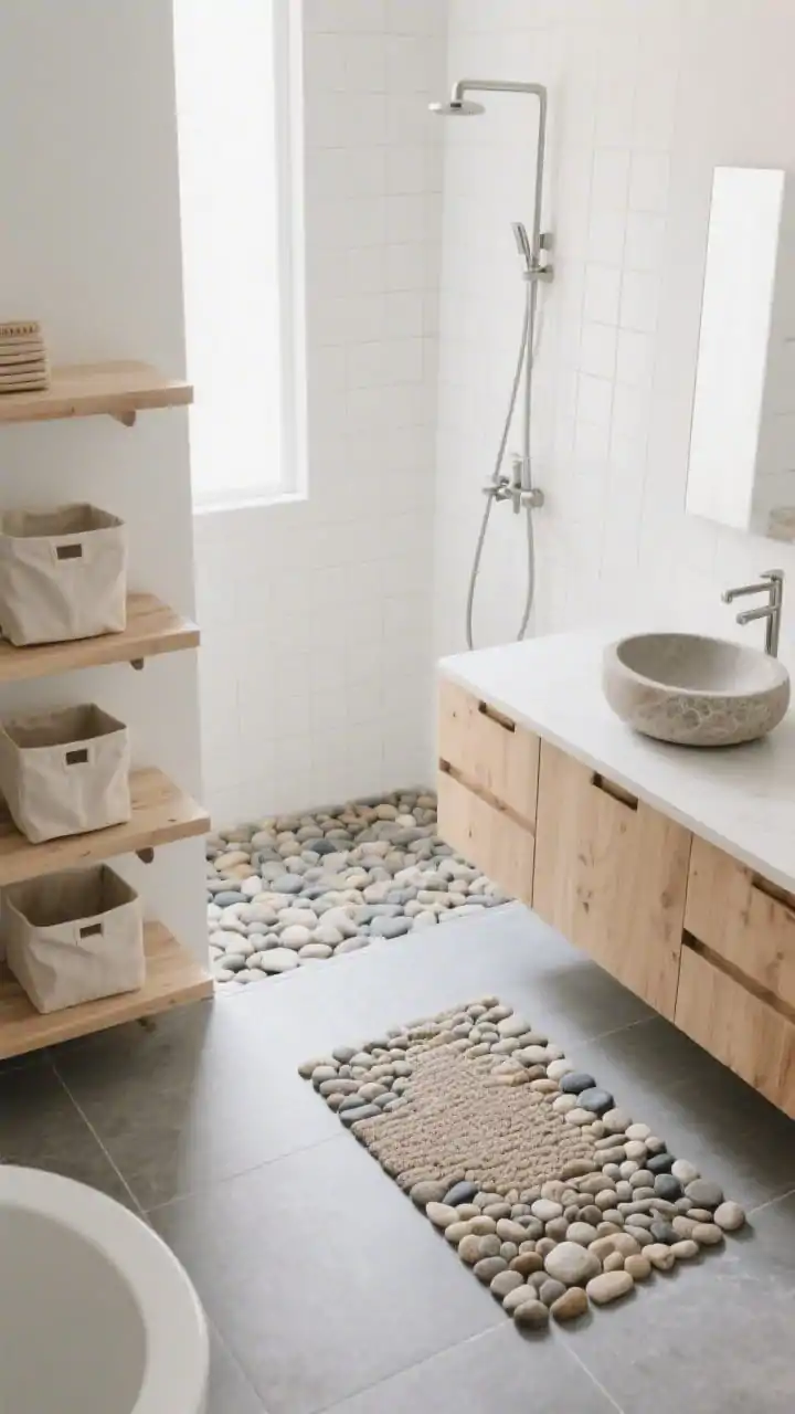 Detail/overhead shot capturing Japandi calm: light gray honed stone-look floor with a pebble bath mat, birch open shelves styled with linen bins, a glimpse of a birch slab-front vanity with built-in pulls and a stone vessel sink, brushed stainless fixtures, soft white stacked shower tiles forming a gentle grid; natural, diffuse daylight, minimalist styling, overhead/top-down perspective.