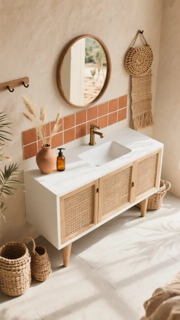 Detail overhead shot focusing on textures and neutrals: sand-colored wall backdrop with a terracotta square tile feature behind a white oak vanity that has cane-front cabinet doors; brushed bronze single-handle faucet catching soft, warm daylight; large-format light-concrete-look porcelain floor beneath; accessories include a round wood mirror edge in frame, rattan wall hooks nearby, a jute runner, desert grasses in a clay vase, amber pump bottles, and woven baskets. Sun-washed, desert modern warmth.