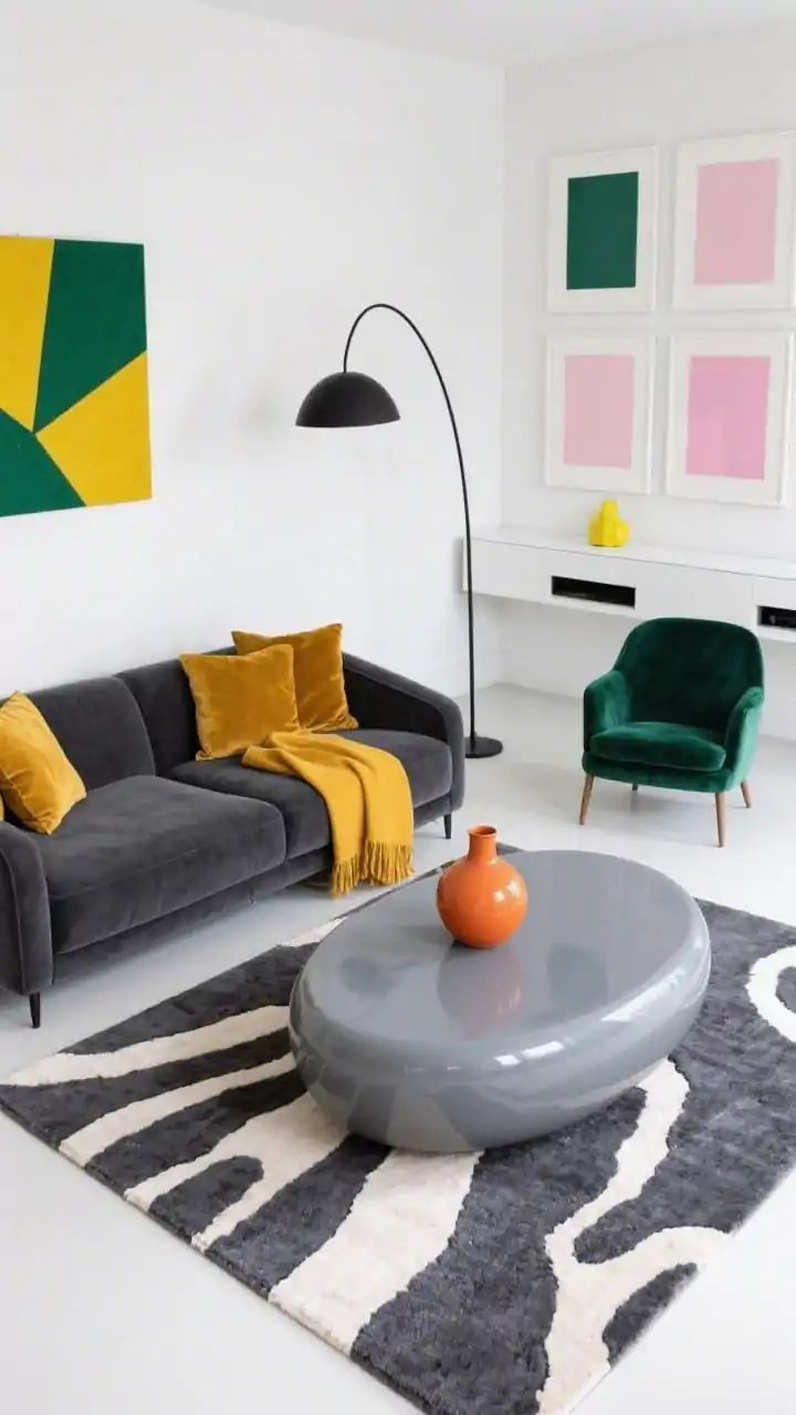 Detail shot, coffee table and sofa vignette from above at a slight angle: Clean white walls set a contemporary stage. A graphite-and-ivory abstract rug frames a lacquered oval coffee table (soft grey) with a pop-color vase. Nearby, the dark grey couch features mustard velvet pillows and a folded mustard throw; in the background, an emerald velvet accent chair peeks into frame. A matte black arc floor lamp curves overhead. On the wall beyond, bold geometric prints in emerald, mustard, and soft pink sit in slim white frames. A floating white media console with a small bright accent object adds a crisp line. Energetic, modern, photorealistic lighting.