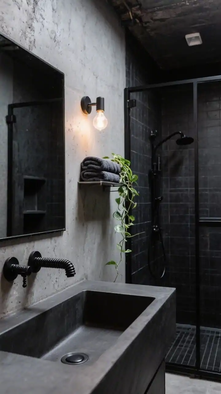 Detail shot focusing on industrial concrete cool: microcement walls with seamless texture, wall-mounted dark vanity with a trough sink, graphite black hardware with knurled details in sharp focus, black grid shower screen in the background; exposed-bulb sconce and minimal recessed can providing moody, directional light; slim metal shelf with a single trailing pothos and a folded stack of charcoal towels; concealed niche hinted in the shower; edgy, warehouse-chic feel, photorealistic.