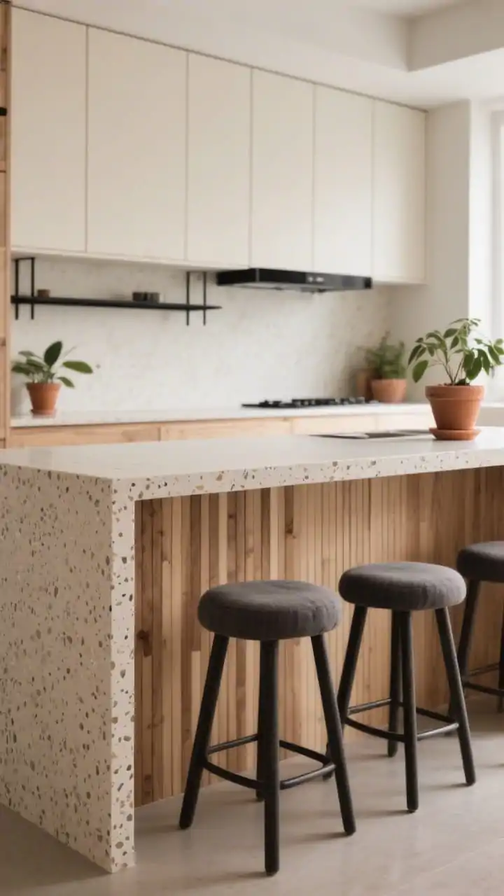 Detail shot focusing on Japandi textures: flat-front mushroom-beige lower cabinets, open white oak uppers with visible joinery, soft beige terrazzo countertop surface in close focus; vertical slatted wood on the island base creating quiet rhythm; thin black metal shelf and minimalist black hood insert in the background blur; trio of charcoal linen stools and terracotta potted plants softening the scene; airy, tactile, ultra-composed mood, photorealistic.
