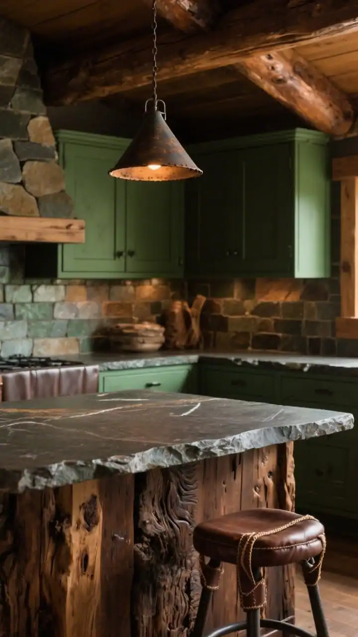 Detail shot, Luxe Rustic Lodge materials vignette: closeup of espresso-stained knotty alder island corner meeting hunter-green cabinetry topped with leathered soapstone (show tactile matte finish); tumbled slate backsplash in mixed greens and browns in soft focus behind; aged-iron cone pendant edge catching a warm glow, leather sling stool seat visible at frame edge; hints of exposed walnut-toned beam reflection; warm, moody lighting emphasizing textures, photorealistic.