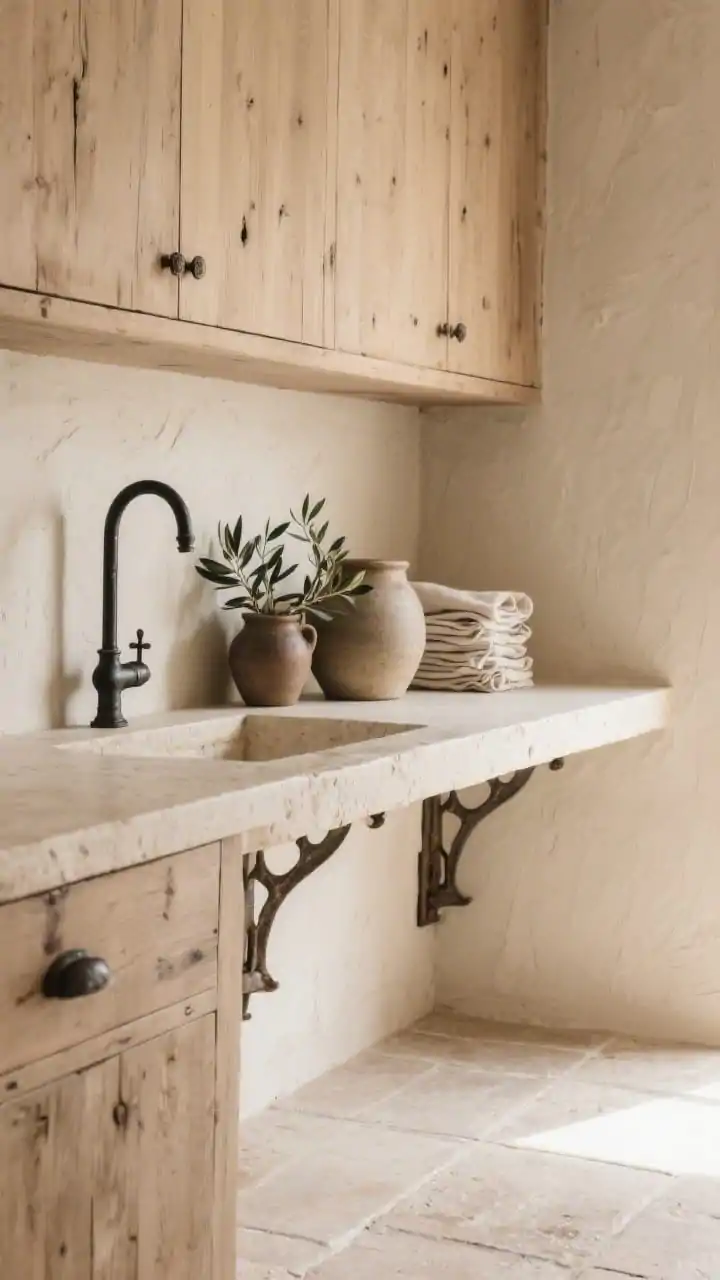 Detail shot, Rustic Minimal Beige materials: warm beige limewashed wall with visible brush movement, raw/lightly cerused oak cabinet face, honed pale sand limestone countertop meeting matching limestone floor tile, forged iron hardware and iron bracket under a long floating shelf edge, vintage-style pot filler in blackened iron, styled with olive branches, stoneware crocks, and a stack of linen napkins, soft natural side light emphasizing texture.