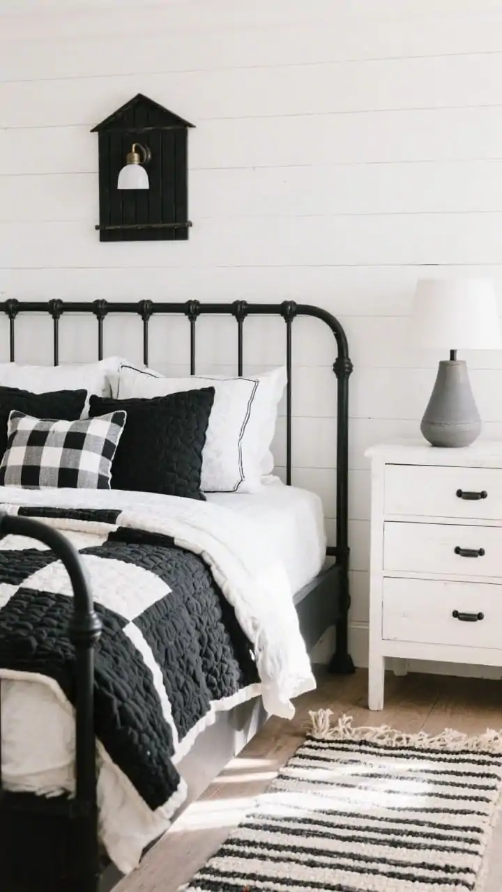 Detail shot, Scandinavian Farmhouse Mix: closeup of a black spindle bed set against bright white shiplap; a black barn-style sconce mounted above a pillow stack; bedding layered with chunky black-and-white quilts and a small check pillow; the edge of a thin-striped black-and-cream rug visible along the floor; a hint of a whitewashed dresser with black cup pulls in the background and a graphite ceramic table lamp base; soft natural daylight, tactile textures emphasized, photorealistic.