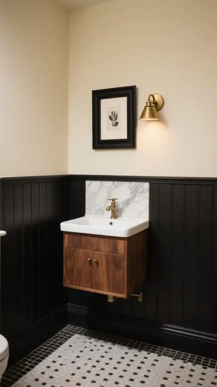 Detail shot, straight-on: Cozy powder room vignette showing matte black beadboard wainscoting meeting warm cream painted upper walls. A compact walnut wall-mounted vanity with a white basin, a tiny brass sconce above, and a small section of marble-look backsplash behind the faucet. A black-framed art print hangs above the beadboard; tiny black-and-white mosaic floor tiles visible at the bottom. Soft, warm ambient lighting; photorealistic.