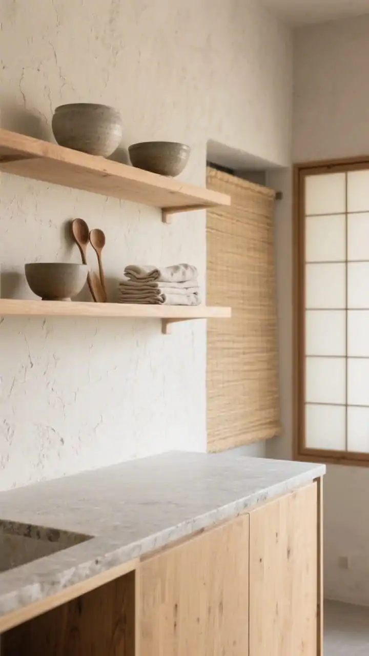 Detail shot, straight-on shelves: Open oak shelving styled sparingly with stoneware bowls, wooden ladles, and neatly stacked linen napkins against a textured plaster backsplash in soft ecru that catches light like rice paper. Lower cabinets in wheat-toned wood visible at the edge; light soapstone countertops with a gently worn, softening surface. In the background, a simple shoji-inspired sliding screen partially conceals a utility nook. Tatami-inspired palette of straw, sand, and warm gray. Gentle, diffuse daylight, photorealistic.