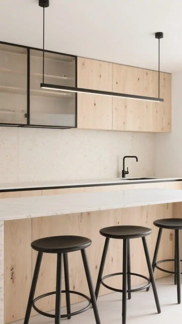 Detail/straight-on composition emphasizing Scandinavian lines: bleached oak flat-panel cabinets, pale beige quartz counters, full-height creamy microcement backsplash; black graphic lines as accents thin-framed glass uppers, black toe-kicks, pencil-thin black faucet; three black spindle stools aligned under a minimalist linear pendant; pale beige, crisp black, bleached oak palette; clean, optimistic, photorealistic, no people.