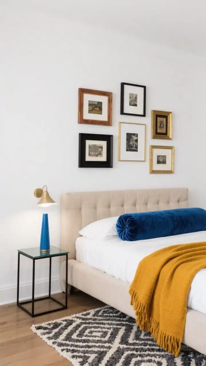 Detail-to-medium shot, straight-on gallery focus: A soft gallery white wall above an oatmeal upholstered bed featuring an asymmetrical gallery wall with mixed frames maple, black, and brass curated and varied in size. A picture light illuminates the largest artwork. Pops of color come from a cobalt velvet bolster, a marigold throw draped across the bed, and a slim cerulean bedside lamp atop a slim black metal side table with a smoked glass top. Flatweave rug with subtle charcoal-and-ivory geometric pattern peeks below. Clean, crisp lighting; photorealistic.