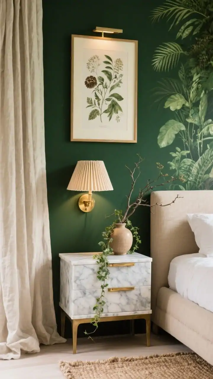 Detail vignette of a botanical retreat: deep botanical green wall with brushed brass hardware gleaming on a marble-topped nightstand. In frame: pleated shade sconce in natural brass casting warm light, botanical print with a cream mat and a picture light above, linen drapes pooling slightly. A mushroom-beige linen-upholstered bed edge, natural fiber rug texture at the bottom, and a single vase of branches with a trailing ivy nearby. Quiet, natural morning light enhancing rich greens. Photorealistic.
