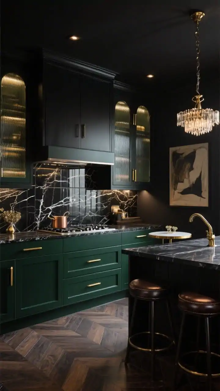 Dramatic medium-wide glam kitchen vignette: deep emerald or ink-black sleek slab cabinets, reeded glass upper cabinets softly glowing from interior lights, brushed gold linear pulls, black marble-look quartz counters with faint white veining, antique mirror tile backsplash reflecting moody highlights, central cooktop with a flush downdraft vent, a statement chandelier over a nearby small bistro table, dark herringbone wood or luxe porcelain plank flooring, accents including a brass pot filler, leather-wrapped stools, and a single oversized art piece on the wall; high-contrast, evening ambiance, photorealistic.