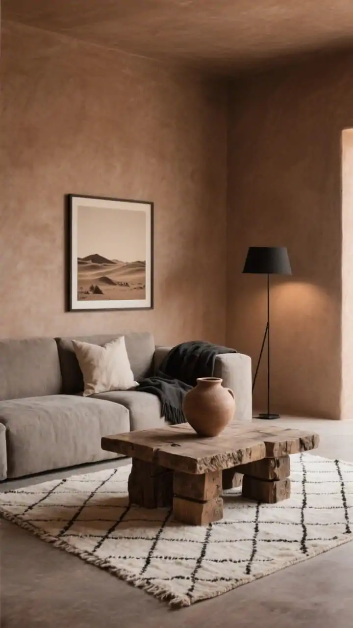 Dramatic wide shot, Earth-Toned Desert Minimal: soft clay walls framing a stone-colored modular sofa with generous depth; hand-chiseled wood block coffee table showcasing rugged texture; thick cream Moroccan-style rug with subtle diamond pattern; minimal decor including a large earthenware vessel, a linen lumbar pillow, and a charcoal throw; matte-black linear floor lamp; framed sepia desert photograph; warm-dim lighting, moody yet calm, photorealistic.