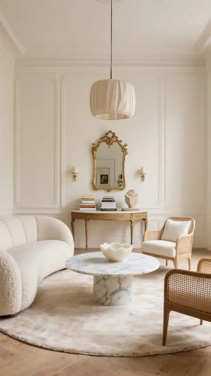 Elegant medium-wide, Parisian Neutral: warm ivory walls with subtle molding; curved bouclé sofa paired with two cane-backed accent chairs with cream cushions; round marble-topped coffee table centered on a silky tone-on-tone rug; vintage gilt mirror over a console; linen drum pendant and petite brass sconces providing soft illumination; stack of neutral art books and a sculptural alabaster bowl as finishing touches; refined, softly luxurious, photorealistic.