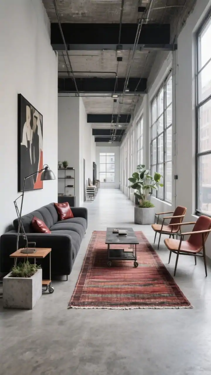 Long, narrow living room captured from one end in a linear perspective: oversized runner-style rug or narrow custom-cut rug defining a central seating zone; charcoal sectional along one wall, slim-profile chairs opposite, industrial cart coffee table; palette of concrete gray, black, oak, and oxblood leather accents; decor includes overscale art, a metal floor lamp, and concrete planters; clear traffic lanes visible; cool urban daylight filtering through loft windows, photorealistic.
