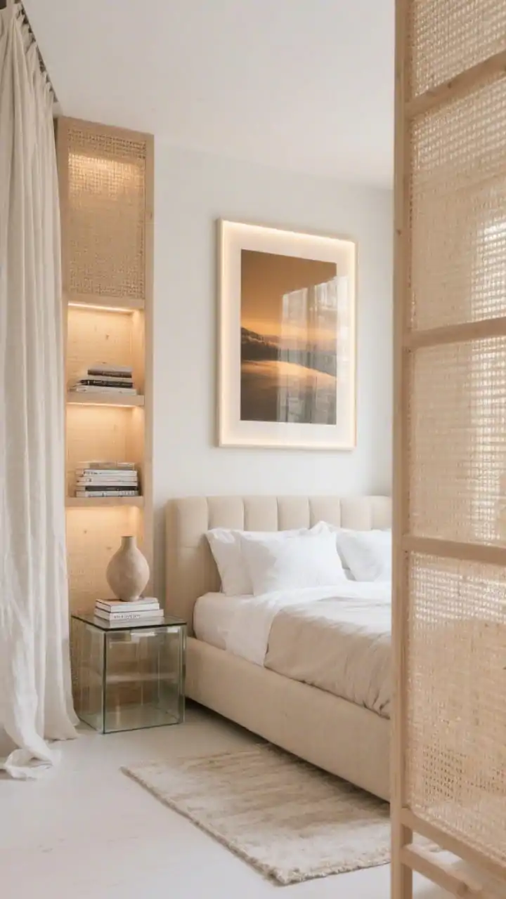 Medium, airy nook composition from a corner perspective: floor-to-ceiling cane screens in pale ash frames flank the bed, softly filtering light and hinting at hidden storage. Centered above a low oatmeal-upholstered headboard is a large backlit art panel/oversized photograph emitting a warm LED glow. Linen drapery, a pale rug, and glass-topped nightstands keep the scene light and reflective. Styling includes stacked books and a single sculptural vase; minimal clutter. Palette: oatmeal, ash wood, soft white, warm LED. Bright, diffused daylight with gentle backlighting.
