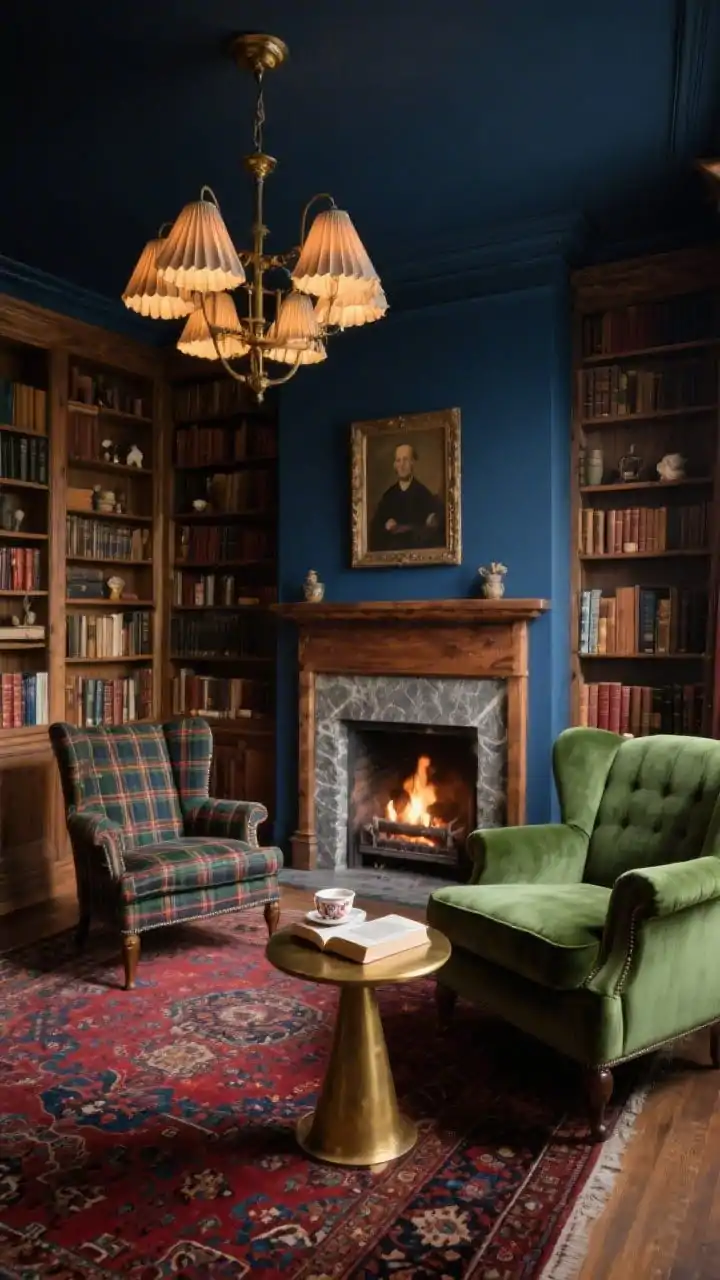 Medium-angle corner view of a cozy library nook with moody ink blue walls and a soapstone fireplace topped by a chunky oak mantel; a moss green velvet loveseat faces the fire; two plaid wingback chairs angled toward each other at 45 degrees create conversational pockets; a round brass side table between the wingbacks with a teacup and open book; floor-to-ceiling bookcases along the far wall filled with books and small objects; Persian-style rug in deep reds and blues; a library chandelier with pleated shades casts warm glow; a vintage portrait above the mantel; palette of ink blue, moss, oxblood, aged brass, warm wood; layered, old-world warmth, photorealistic.