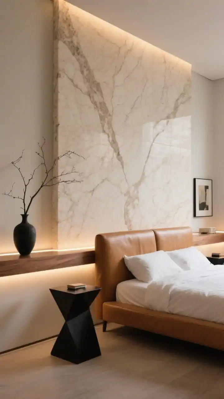 Medium, angled view of a statement back wall: a floor-to-headboard-height bookmatched stone slab (creamy travertine with subtle veining) as the backdrop. A low floating oak ledge runs across the slab with hidden LED strip lighting underneath, casting a soft glow. Bed features a simple rectangular upholstered headboard in camel leather; sculptural bedside tables in contrasting black accents. Minimal art and a single vase with branches lean on the ledge. Palette: cream, beige, caramel, black accents. Warm, indirect evening lighting.