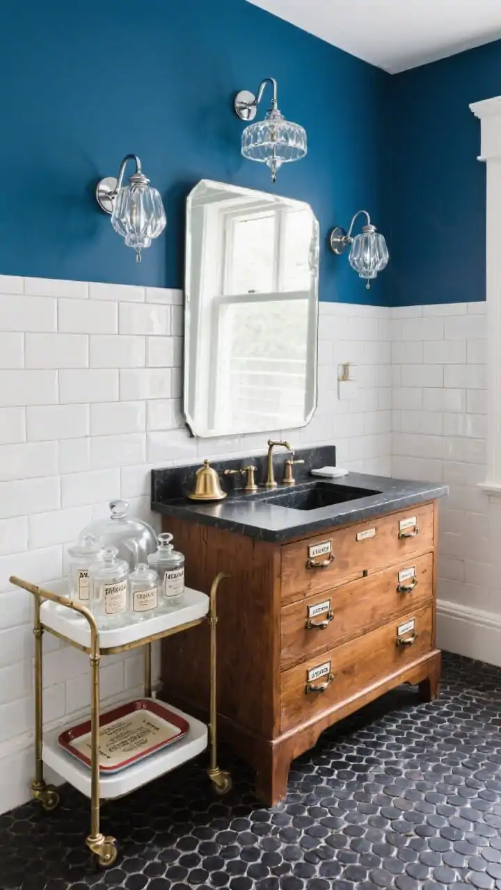 Medium, angled view of a vintage apothecary-inspired vanity wall: walnut vanity with apothecary-style drawers and label pulls, dark soapstone or black quartz countertop, rectangular tilt mirrors above, illuminated by a prismatic glass pendant and a wall-mounted pharmacy light in polished chrome. Walls half-tiled in glossy white square tile with charcoal grout, upper portion painted ink blue; black mosaic penny tile floor. Styling: rolling cart with clear glass jars bearing vintage labels, enamel trays, and a brass bell jar cloche. Tailored, nostalgic, photorealistic.