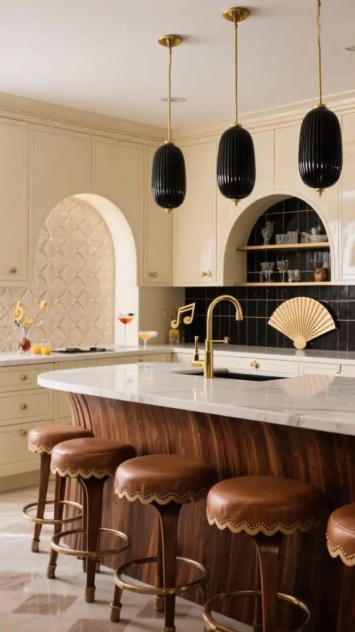 Medium, art-deco glam vignette: lacquered latte-beige cabinets with rounded corners gleaming, curved walnut island base, fan-patterned tile backsplash in soft beige and piano black; ribbed black glass pendants above, brass-and-black faucet catching light; leather-topped stools with scalloped edges lined at the island; repeated arches and fan motifs, high-gloss lacquer with brushed brass notes; playful, luxe cocktail-party energy.