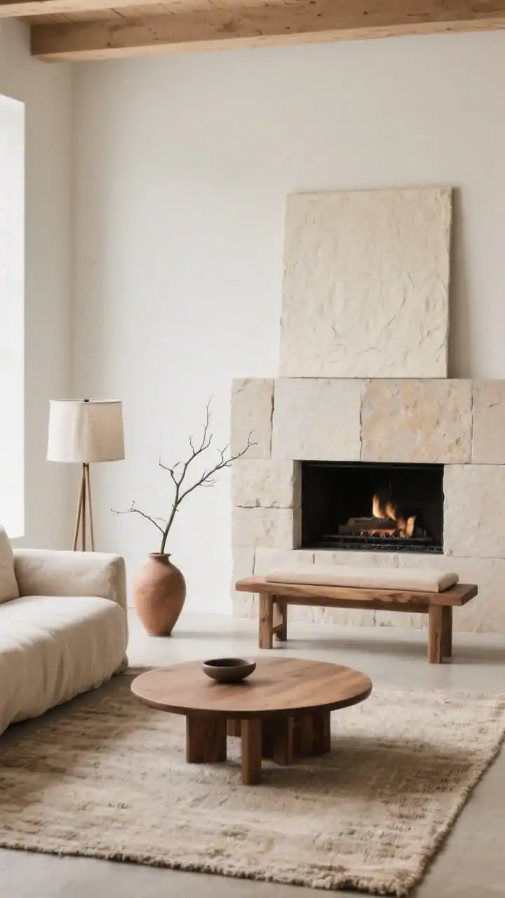 Medium, calm vignette focusing on a Japandi hearth wrapped in large-format pale-stone-look porcelain; a low linen sofa in oat faces slightly off-center; opposite sits a solid wood bench with a flat cushion serving as minimal seating/display; a round oak coffee table with soft edges on a neutral flatweave rug; wabi-sabi ceramics, a single branch in a clay vase, and a linen-shaded floor lamp; artwork kept spare: a large textured cream canvas propped asymmetrically on the mantel; palette of oat, oak, warm white, clay, with black accents; serene, tactile, natural light, photorealistic.