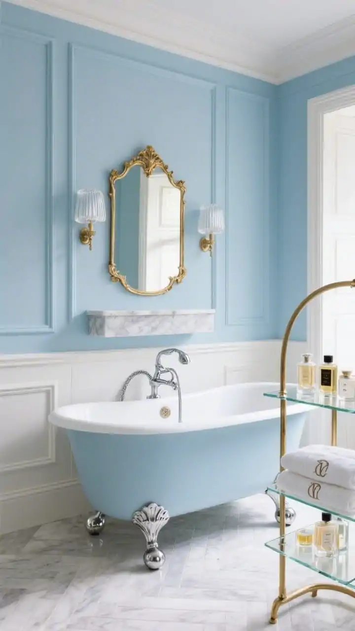 Medium close-up, straight-on vignette: Parisian powder-blue elegance focusing on a short roll-top tub with chrome ball feet set before panel-molded walls painted powder blue, trimmed with crisp white chair rail; fluted glass sconce pair flanking a gilded Louis-style mirror over a petite marble console; petite Carrara herringbone floor gleaming and visually elongating the space; chrome swan-neck tub filler with telephone handshower; slim brass etagere with glass shelves displaying perfumes and folded monogrammed towels; soft daylight, refined and chic, photorealistic.