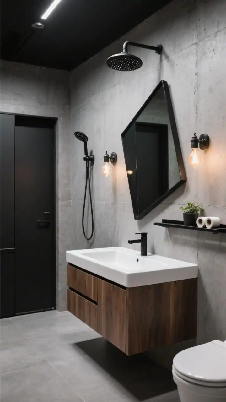 Medium closeup, urban concrete chic vanity wall: concrete-look porcelain wall and floor surfaces; thin-profile integrated white sink atop walnut-front drawers; matte black framed pivot mirror tilted for angle; exposed-bulb sconces with industrial hardware flanking the mirror; black ceiling-mounted rain head and handheld rail glimpsed in background; shallow recessed cabinet edge visible behind the door and a black rail shelf above the toilet holding a small plant and spare rolls; palette of concrete gray, walnut, matte black; moody yet refined lighting, photorealistic.