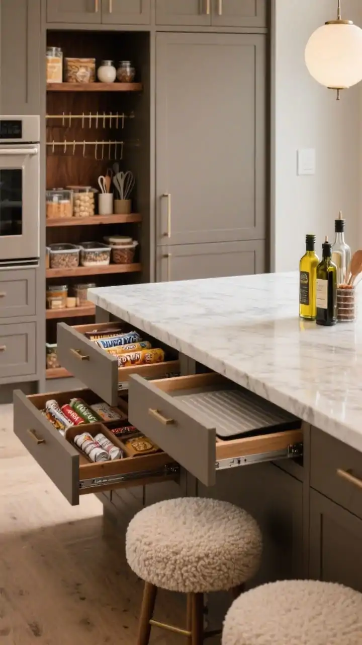 Medium closeup, Warm Contemporary island drawers: matte taupe cabinet exteriors with walnut interiors revealed; extra-deep “drawer divas” pulled out showcasing custom inserts for wraps, foils, snack bins, and baking tools; pull-out spice gallery beside range with stepped levels fully visible; vertical bottle pull-out for oils and vinegars extended; tall pantry door open showing door-mounted racks with backstock and breakfast supplies; hidden toe-kick drawer slid out with baking sheets; waterfall quartz island, alabaster globe lights glowing softly, boucle stools at the edge; warm, luxurious photoreal lighting.
