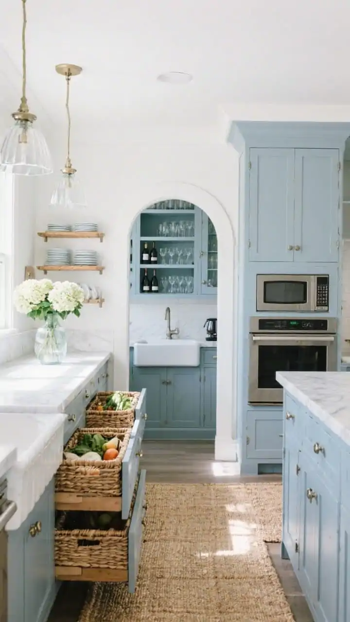 Medium, Coastal Classic main kitchen into butler’s pantry: soft blue-gray cabinets with polished nickel hardware, honed Carrara counters, arched doorway revealing a petite butler’s pantry with wine cubbies, small sink, and glass uppers for stemware; in the foreground, woven basket drawers open with airy produce; tall appliance towers with pocket doors retracted, hiding microwave and coffee station; plate racks in uppers; seagrass rug and clear glass pendants, hydrangeas in a vase; bright coastal daylight, breezy and refined.