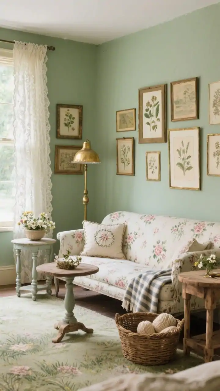 Medium corner angle: A misty meadow vintage mix living room with sage green walls and a lightly distressed floral settee topped with needlepoint pillows. Mismatched side tables one painted spindle-leg, one raw pine flank the settee. A botanical gallery wall of vintage prints in collected frames hangs above. Lace curtains filter daylight while a brass floor lamp casts a warm pool of light over a basket of knitting. Details include pressed flowers, wicker baskets, and a ticking stripe throw. Palette: sage, cream, faded rose, antique gold. Photorealistic, no people.