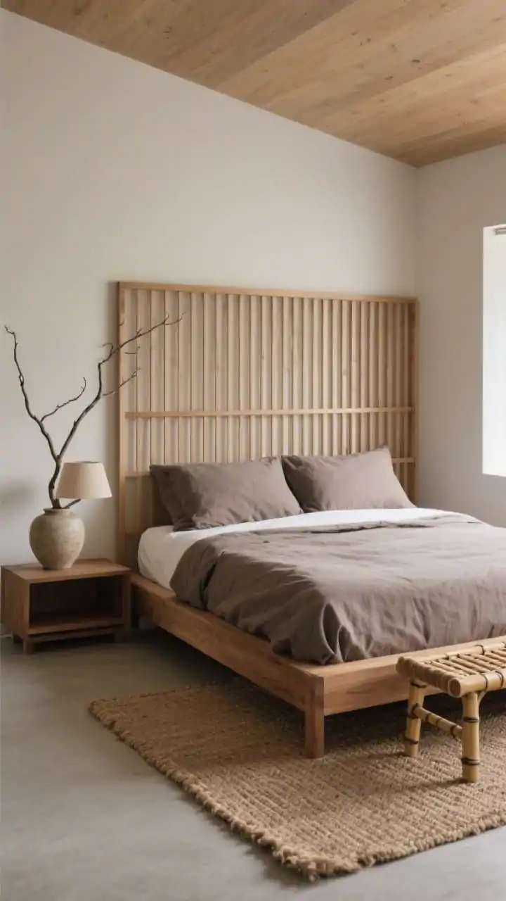 Medium corner angle, Japandi Retreat: low-profile oak bed on a flatwoven jute rug, taupe linen bedding, slatted wood headboard as a statement backdrop; decor sparse single stoneware vase holding one sculptural branch, travertine lamp on a nightstand, bamboo bench at the foot of the bed; earthy palette of taupe, sand, charcoal, natural oak; soft, diffuse natural light creating zen lines and cozy warmth; photorealistic, minimal yet inviting.