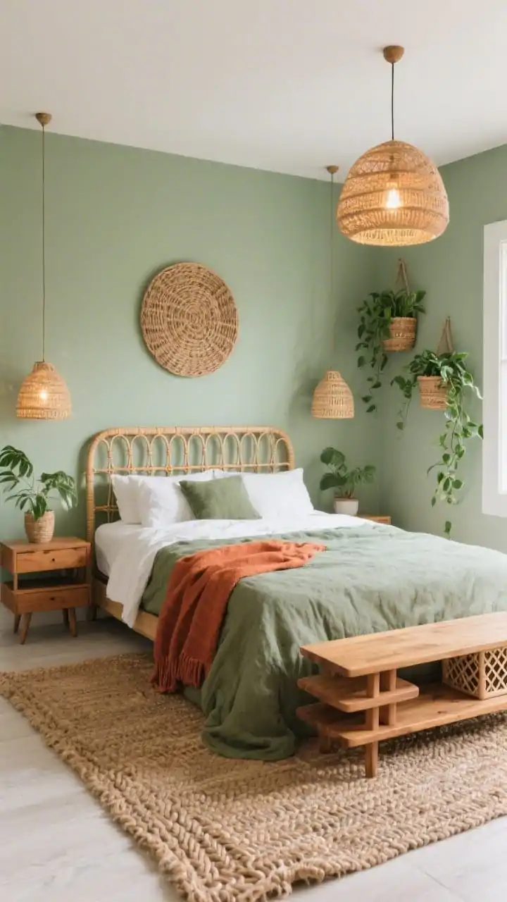 Medium corner angle of a biophilic boho bedroom: muted sage green walls, queen bed with a rattan/cane headboard, stonewashed moss duvet over crisp white sheets, terracotta throw casually draped. Thick braided jute rug underfoot, stacked nesting tables in mango wood as flexible nightstands, woven basket pendants hanging on either side casting warm textured light, trio of wall-mounted planters with trailing pothos drawing the eye upward, woven wall art, and a lattice storage bench at the foot of the bed; soft daylight with warm pendant glow, earthy and lively yet calm, photorealistic.