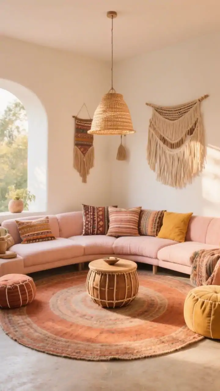 Medium corner angle of a boho conversation pit: generous round rug as the focal point with a curved sectional hugging its edge and a drum-style coffee table at the center; textures include a fringe wall hanging, layered kilim pillows, floor poufs, and a woven pendant overhead; palette of terracotta, blush, mustard, and warm white; soft golden-hour natural light for a cozy, inviting vibe; no people, photorealistic.