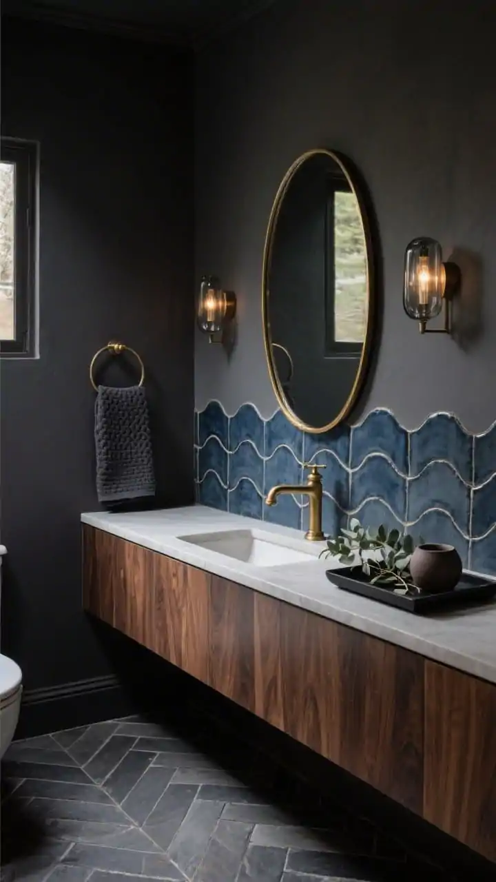Medium corner angle of a moody bathroom retreat: warm-undertone charcoal walls, walnut floating vanity, deep gray/ink-blue handmade zellige tile backsplash with subtle waviness catching low ambient light, aged brass bridge faucet and hardware, herringbone slate floor, pill-shaped thin-brass-frame mirror, smoked-glass sconces casting soft glow. Styling accents: charcoal waffle towels, black clay tray with eucalyptus sprigs. Photorealistic, rich and dramatic mood.