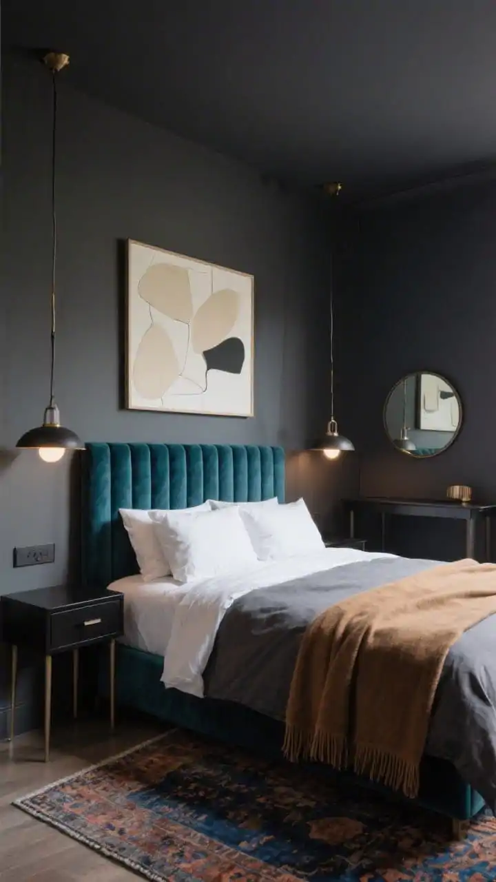 Medium corner angle of a moody boutique hotel–style small bedroom: matte charcoal walls, velvet channel-tufted headboard in deep teal on a queen bed dressed with crisp white percale sheets, graphite linen duvet, camel throw draped at the foot. Tall, narrow black-wood nightstands with slender legs, ceiling-hung pendant lights over each side freeing tabletops, low-pile vintage-style rug tucked two-thirds under the bed with inky blues and rust tones, a slim console opposite the bed with a round mirror above it, and one large abstract statement artwork in creamy neutrals on the wall; dim, cocooning ambient lighting with pendant glow, luxe atmosphere, photorealistic.